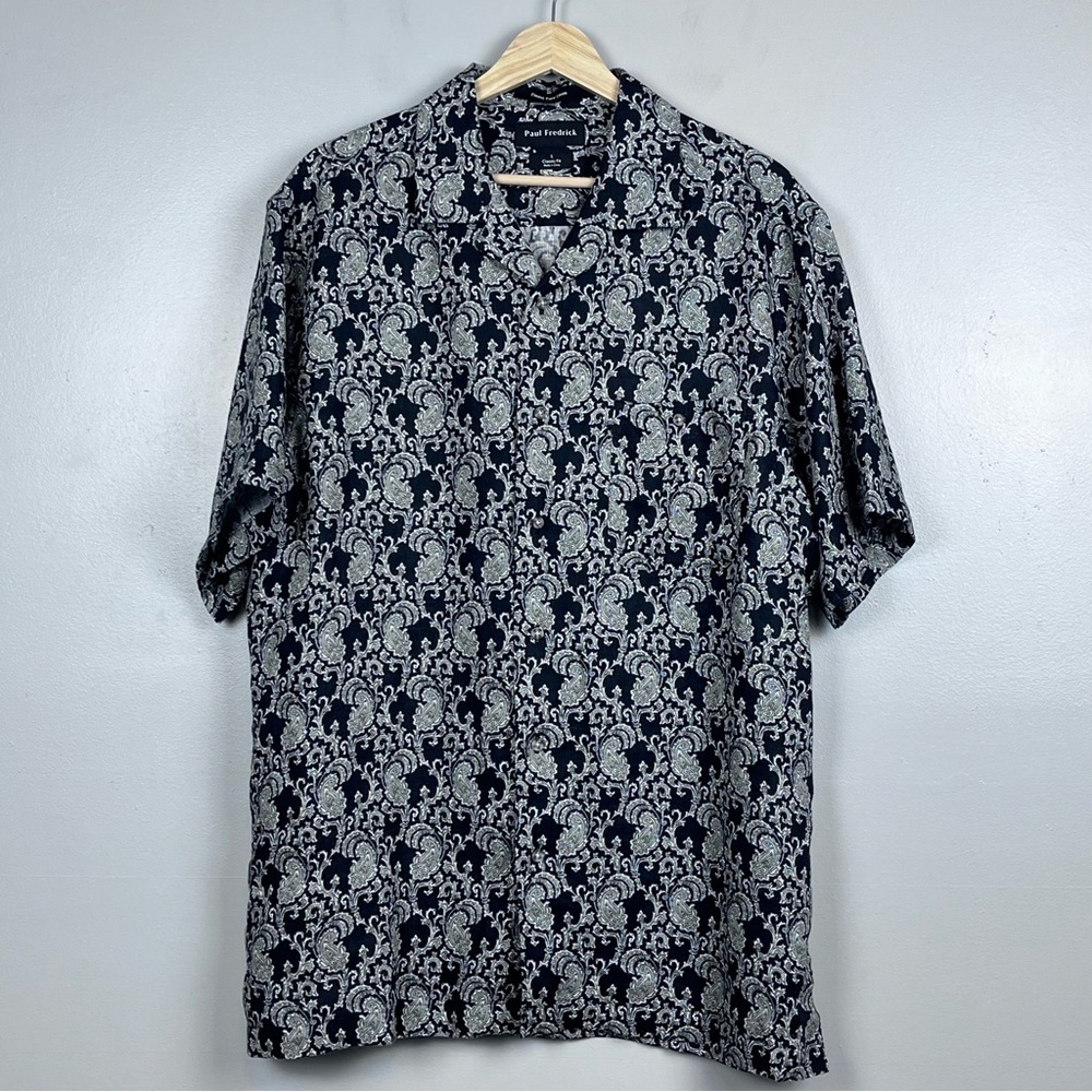 Paul Fredrick Men's 100% Linen Black Paisley Print Classic Fit Shirt Size L